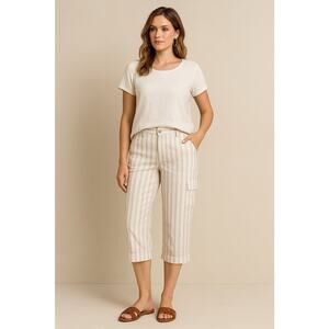 Chico’s W Linen Striped Crop Pants Sz 3 Beige White Coastal Boho Utility